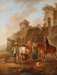 Eine Jagdgesellschaft bei der Rast vor einem Haus von Circle of August Querfurt
